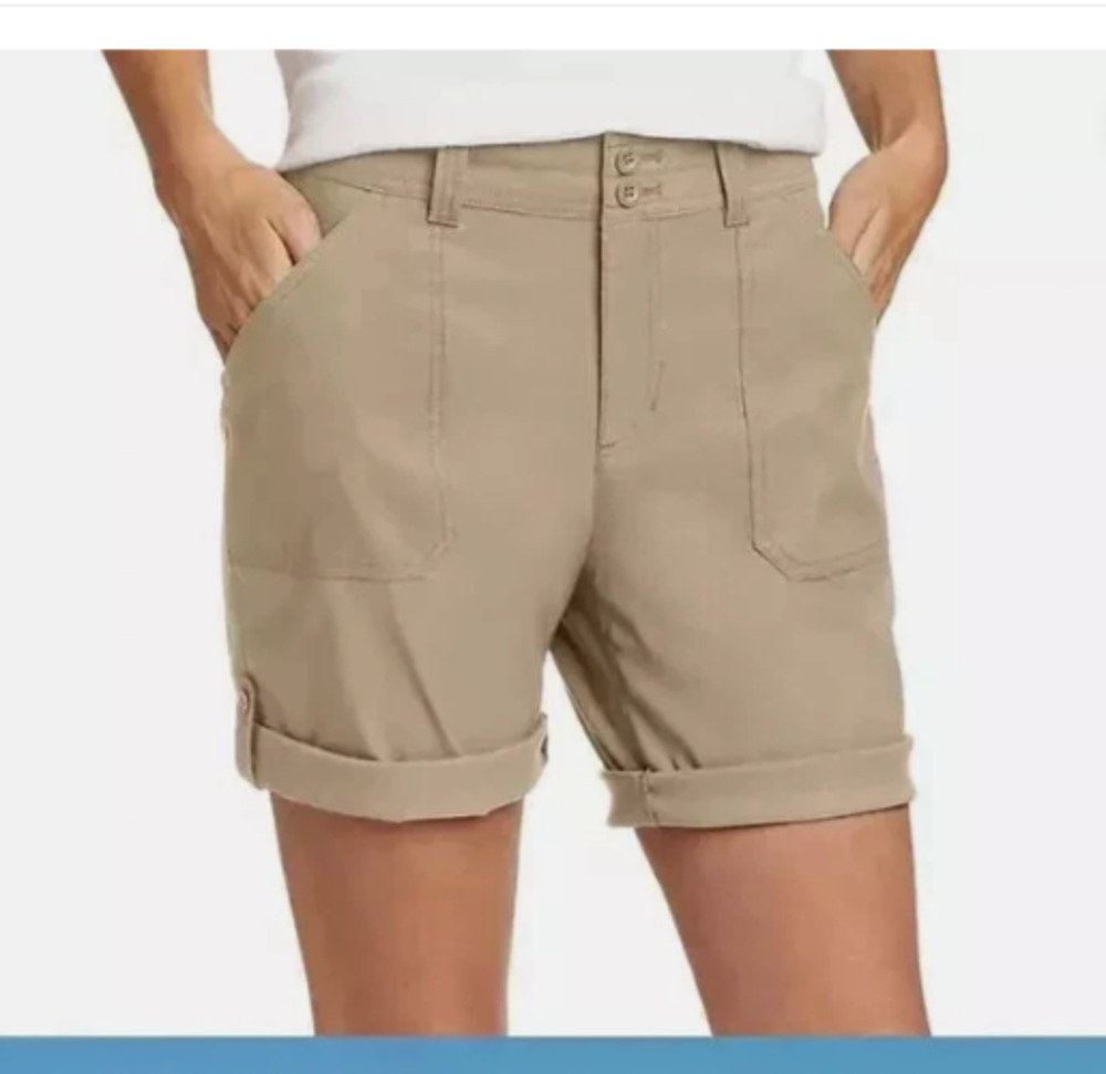 NWT Women’s Eddie Bauer Khaki Shorts Rolled Hem Bermuda Size 12 UPF 50 Pockets